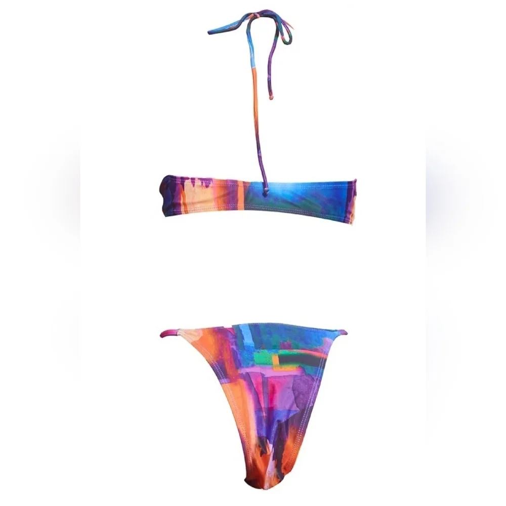Purple Abstract Paint Cut Out Halterneck Swimsuit